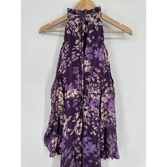 Lulu’s Storybook Sweetheart Cold Shoulder Midi Dress Floral Halter Ruffle Belted - Picture 11 of 13